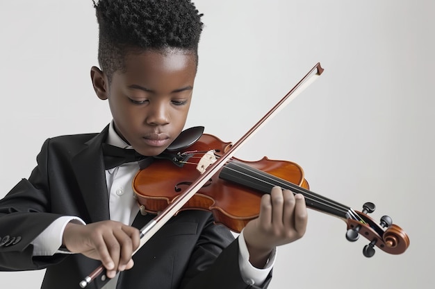 Молодой африканский мужчина в черном костюме появился, играя на скрипке на белой обстановке.