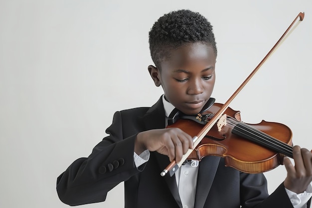 A youth Afrrican man in black suit emerged himself playing violin over white setting Generative ai