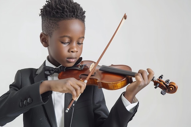 黒いスーツを着た若いアフリカ人男性が白い背景でバイオリンを弾いて現れた
