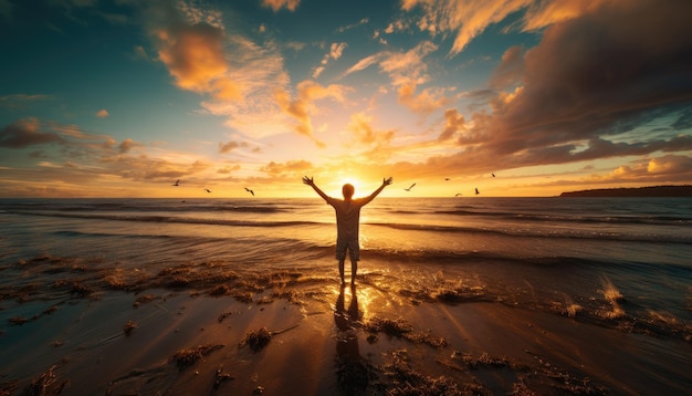 Youth Arms Spread Wide by the Sea Engaging in a Dance with Nature