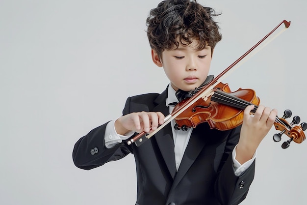 Молодой азиат в черном костюме появился, играя на скрипке на белой площадке.