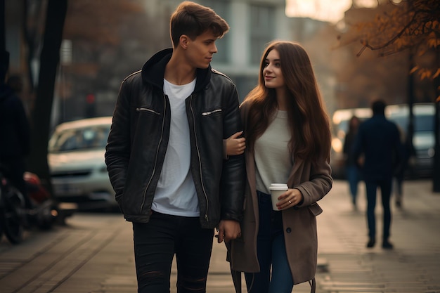 現代の都市を歩く若いカップルの写真