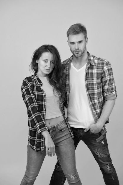 Youth fashion Fashionable outfit Simple casual clothes Couple feeling comfortable Country music concept Country style Woman and man wear checkered shirt Rustic and country Sexy people