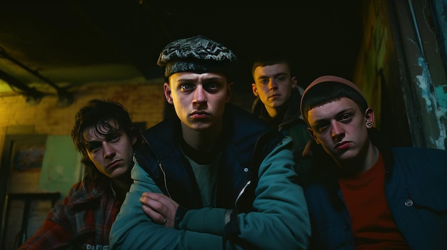 Photo a youth gang from the 1980s in a city tenement off full moon road