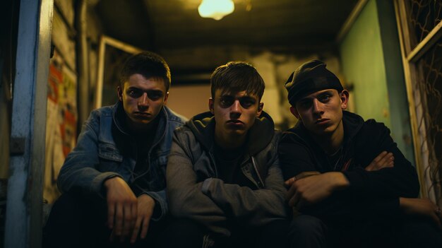 Photo a youth gang from the 1980s in a city tenement off full moon road