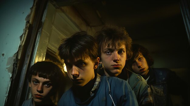 Photo a youth gang from the 1980s in a city tenement off full moon road