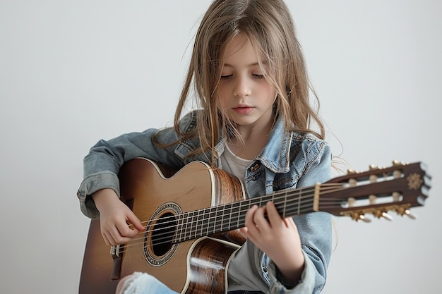 평범한 옷을 입은 젊은 소녀가 색 설정 위에서 기타를 연주하는 자신을 나타났습니다.