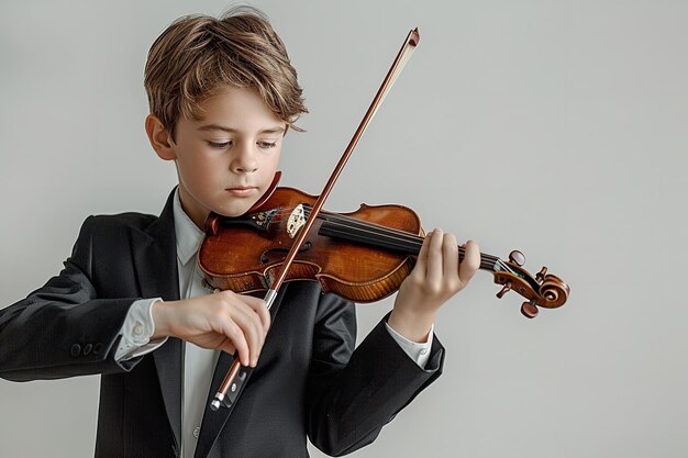 A youth man in a black suit emerged himself playing the violin over white setting Generative AI