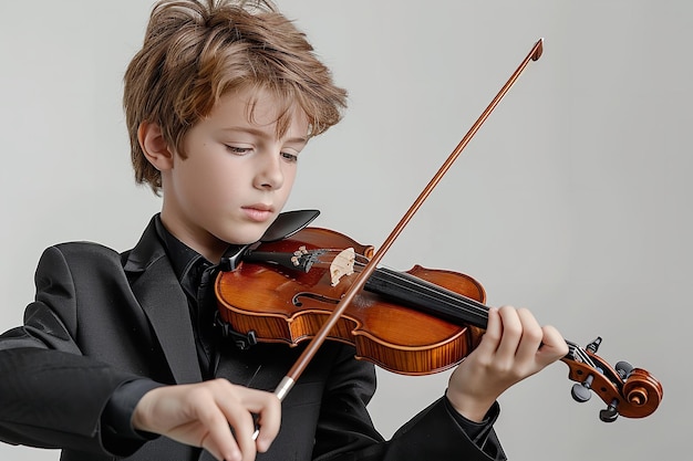 Молодой человек в черном костюме появился, играя на скрипке над белой обстановкой.