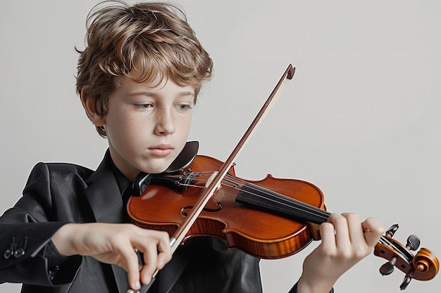 A youth man in a black suit emerged himself playing the violin over white setting Generative AI