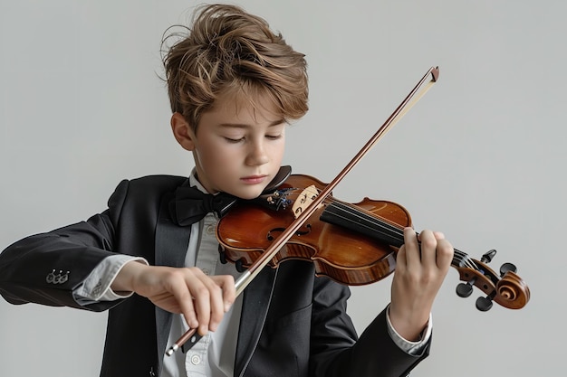 A youth man in a black suit emerged himself playing the violin over white setting Generative AI