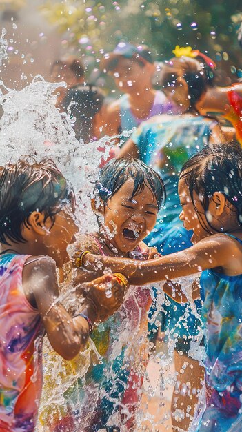 Youth playing in Songkran festival slowmotion water splashes