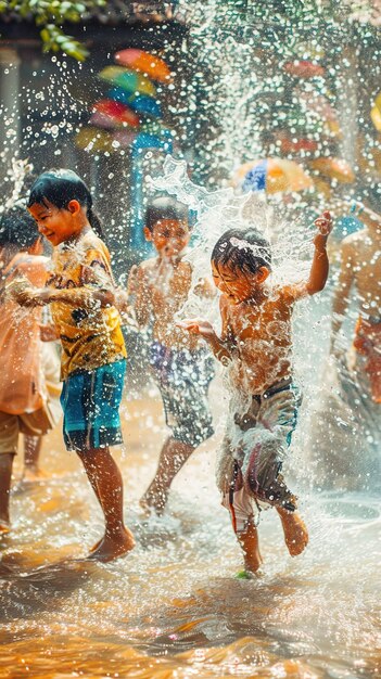 Photo youth playing in songkran festival slowmotion water splashes