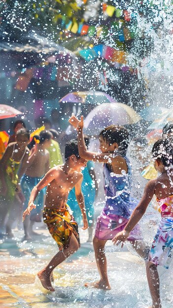 Photo youth playing in songkran festival slowmotion water splashes