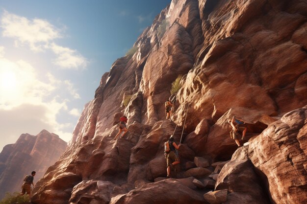 Youth rock climbers ascending a challenging Generative ai