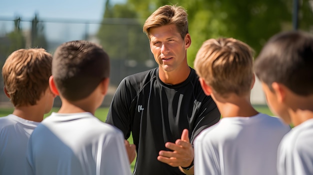 Youth soccer coach giving instructions to players during practice