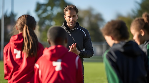 Youth soccer coach giving instructions to players during practice