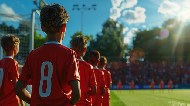 Youth Soccer Players standing together Rear View