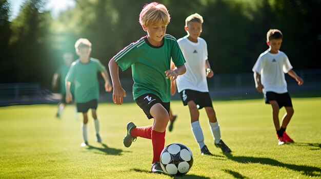 Foto una squadra di calcio giovanile si esercita a dribblare sul campo