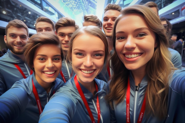 Photo a youth sports team in tracksuits taking a selfie large glass pavilions in the background