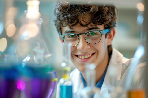 Foto giovane studente che conduce un esperimento scientifico