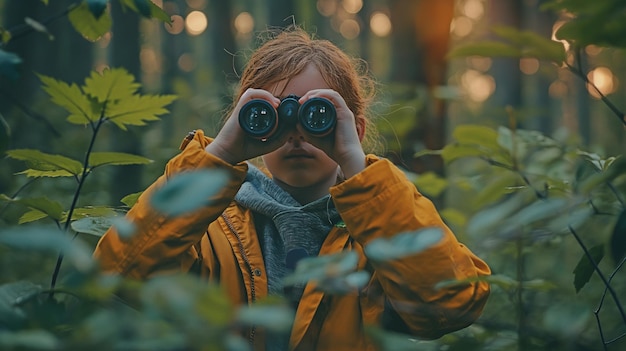 A youth using binoculars to study the forest and its animals