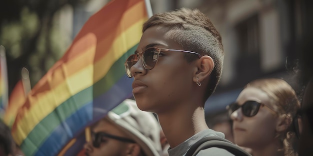 연례 Pride Parade Generative AI의 청소년 물결 무지개 깃발 및 포스터