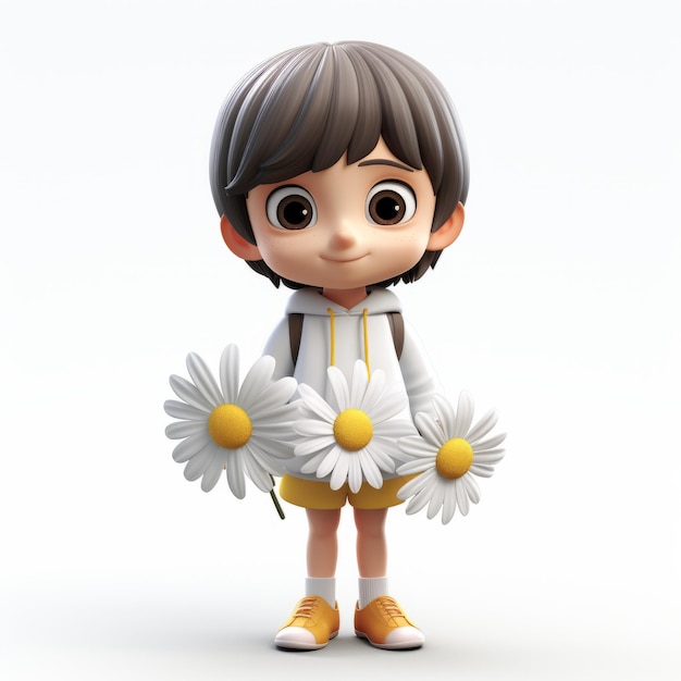 Youthful 3d Cartoon Girl With Daisies In Shuzo Oshimi Style