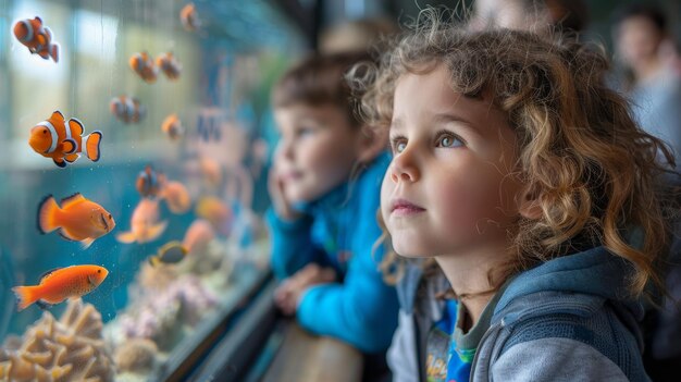 Foto bambini affascinati dai pesci colorati dell'acquario pubblico