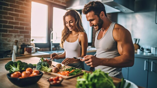 Photo youthful athletic couple cooking with generative ai