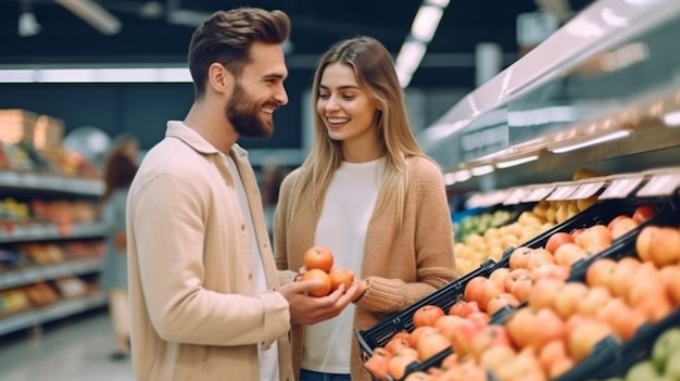 購入品と生成 AI を比較する若くて魅力的なカップルの食料品買い物