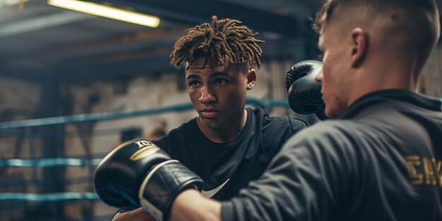 Photo a youthful boxer getting ready for training with assistance from coach in gloves athletic lifestyle combat sport idea