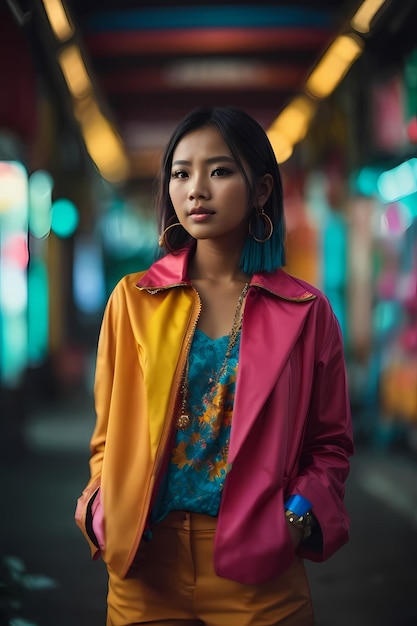 Очаровательная молодая индонезийская девушка в полный рост в красочном наряде. Потрясающий фокус.
