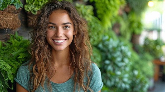 youthful cheerful smiling woman with a green house at home in her turquoise shirt