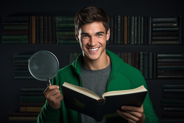 Photo youthful elegance captivating image of a cheery male student in a stylish green sweater examining