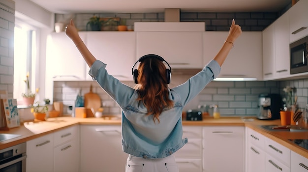 Youthful Energy Cheerful Girl Dancing in Modern Kitchen