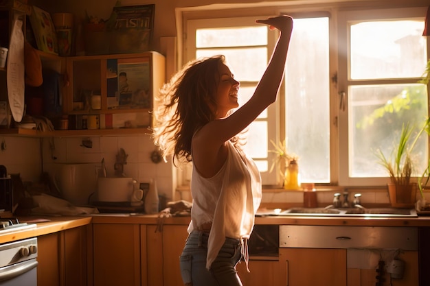 Youthful Energy Cheerful Girl Dancing in Modern Kitchen