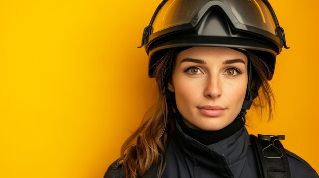 Foto giovanile pompiera con casco nero riflettente e uniforme che mostra prontezza e calma