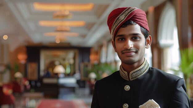 A youthful Indian bellhop assists guests in a lavish hotel lobby