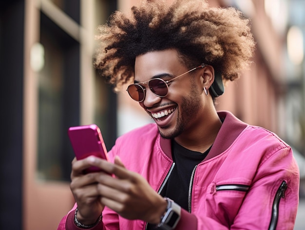 A youthful joyful and trendy Gen Z male of African American descent is gripping a mobile phone wit