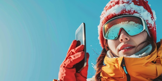 Foto una giovane signora in abito da sci che cattura un'immagine con il suo dispositivo mobile