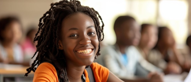 クラスで学習をしているドレッドヘアの若い女性の明るい笑顔には若い楽観主義が輝いています