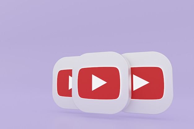 Rendering 3d del logo dell'applicazione youtube su sfondo viola