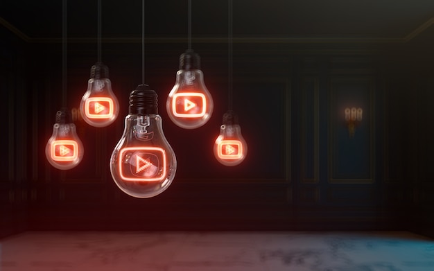 Photo youtube icon glow effect inside light bulb 3d rendering premium cove background for social banner