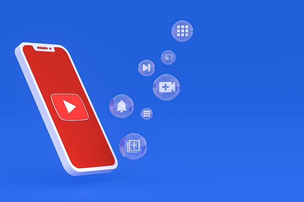 Youtube icon on screen smartphone or mobile phone 3d render on blue background