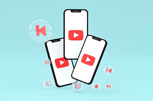 Youtube icon on screen smartphone or mobile phone 3d render on blue background