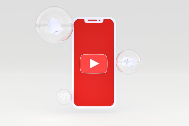 画面上のスマートフォンまたは携帯電話のYoutubeアイコン灰色の背景に3Dレンダリング