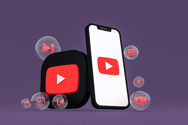 Icona di youtube sullo schermo dello smartphone o del telefono cellulare 3d render su sfondo viola