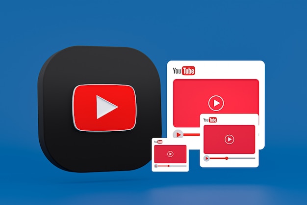 Youtubeロゴとビデオプレーヤーの3Dデザインまたはビデオメディアプレーヤーのインターフェース