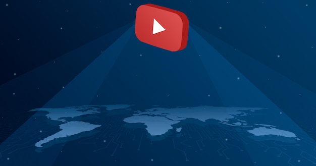 Youtube-logopictogram over alle continenten van de wereldkaart 3d